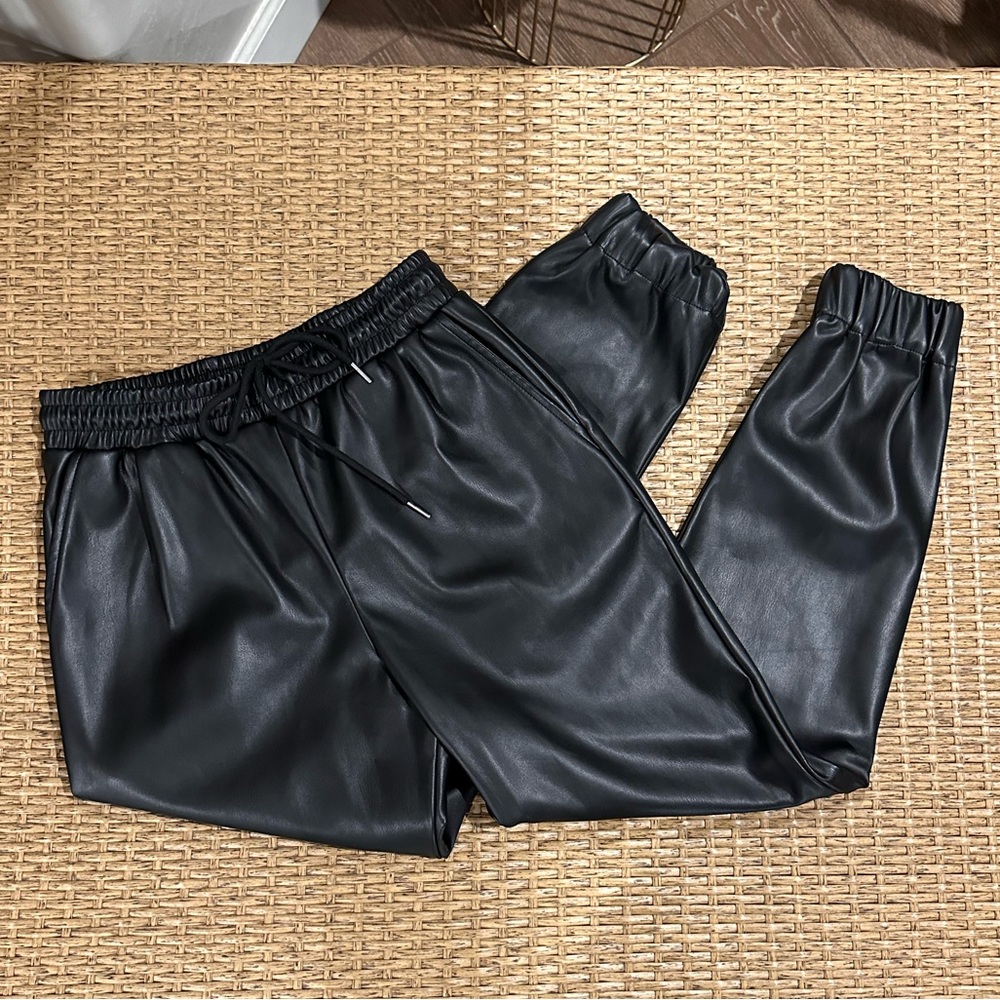 Black faux leather jogger pants